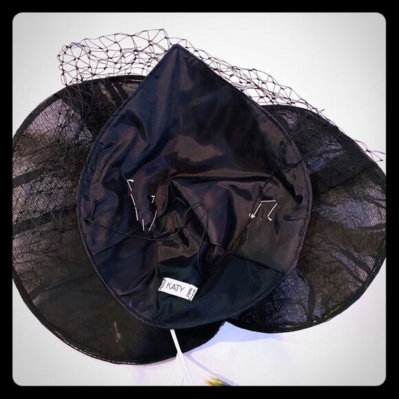 French felted high fashion hat with veil black white art to wear